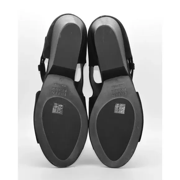 A7 Auth EILEEN FISHER Iris Black Nubuck Cutout Peep Toe Block Heels Sandals Sz 9 - Picture 7 of 7